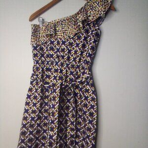 One Fun Summer Dress XS Women One Shoulder Sleeveless Pattern Blue Gold
